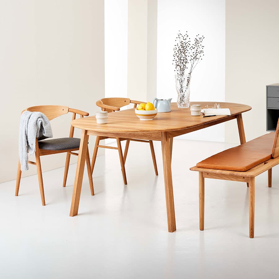 Amalfi dining table, a solid oak table with a soft table top and large wood joints. Designed for Hammel Furniture, Hammel by Findahl.